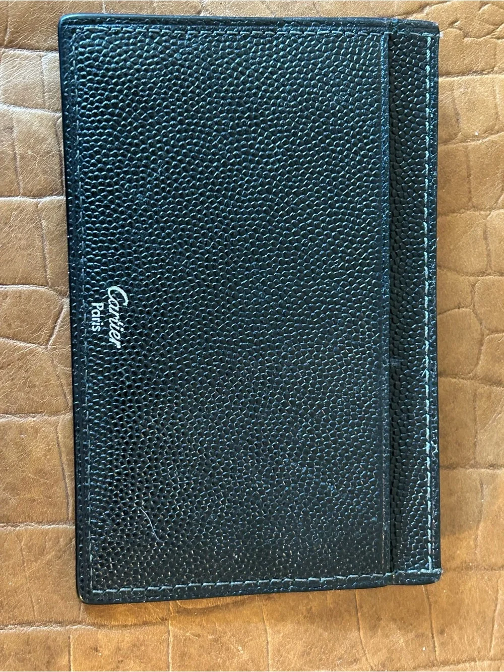FAUX “Cartier” style Black Leather Card Holder with Metal Accent- made in Spain